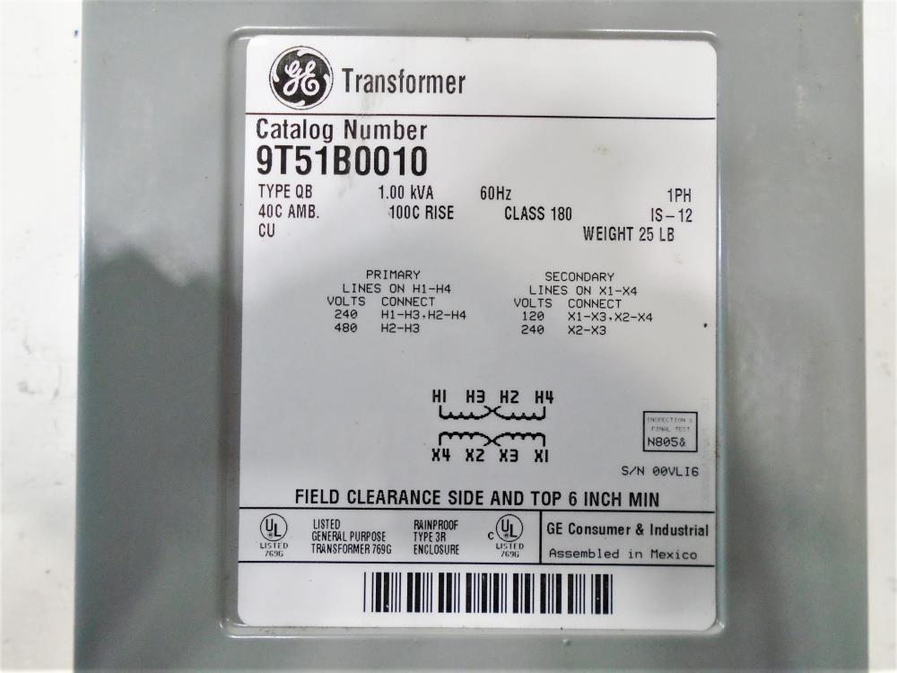 GE 9T51B0010 Encapsulated Dry Type Transformer; 240/480 Volt, 1-Phase, Type QB